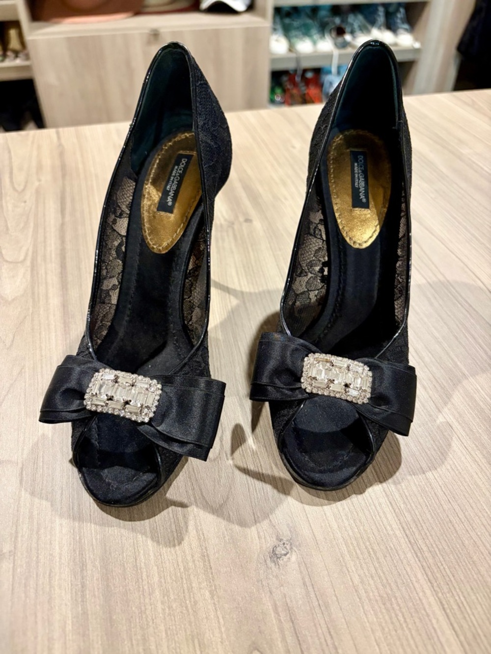 Dolce & Gabbana Black Lace Peep-Toe Heels with Satin Bow and Crystal Buckle